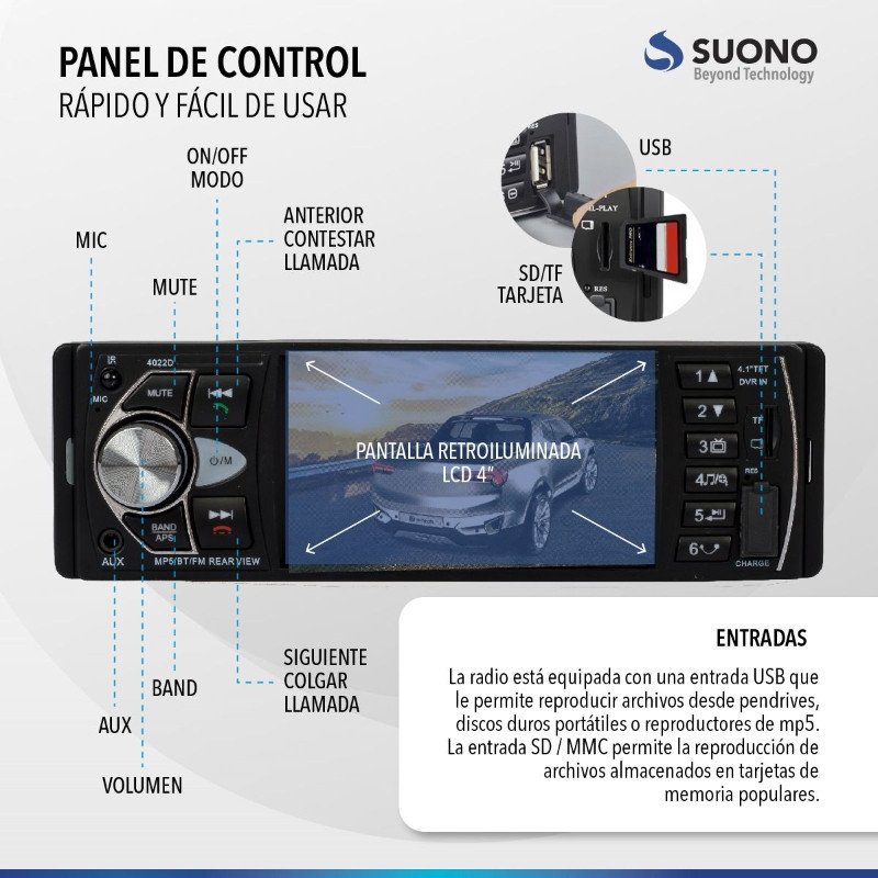 AutoEstereo con Pantalla SUONO 1123M FM/USB/AUX/Azultooth