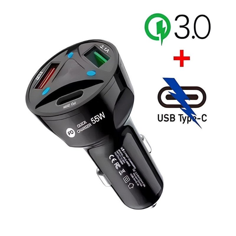 Cargador 12v 55W 2USB + 1 USB C