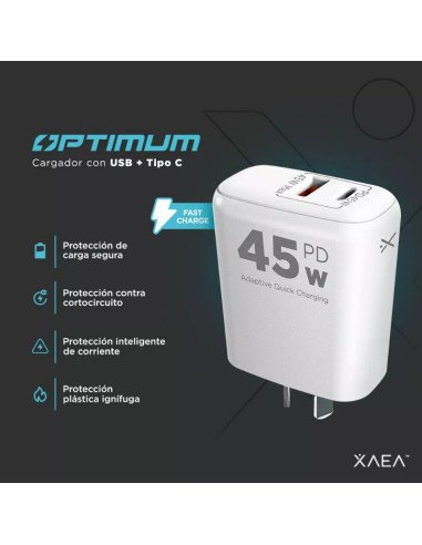 Fuente Tipo C + Tipo A 45W XAEA QC3.0 PD200 (MOD501)