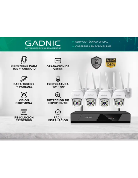 Kit Cámaras de Seguridad inalambrico PKIT3 + DVR Gadnic x4 Interior / Exterior IP Visión Nocturna
