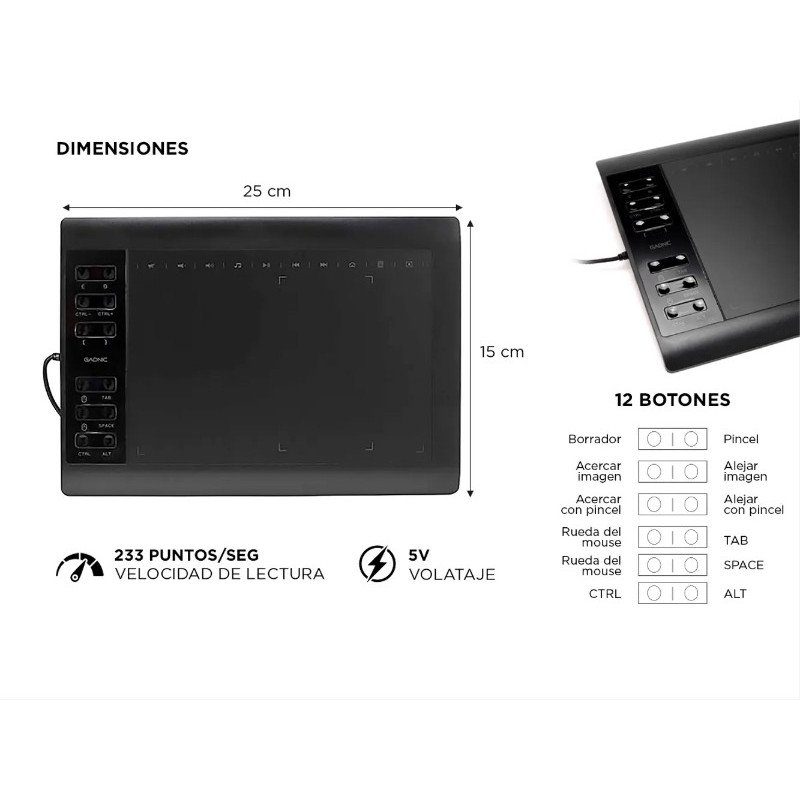 Tableta Gráfica GADNIC Con 8192 Niveles De Presión Y 22 Accesos Directos TABGRAF06 7427251184694
